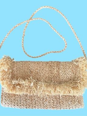 Bujibaja Woven Raffia Fringe Crossbody Bag - Snap Closure Festive Party Vacay